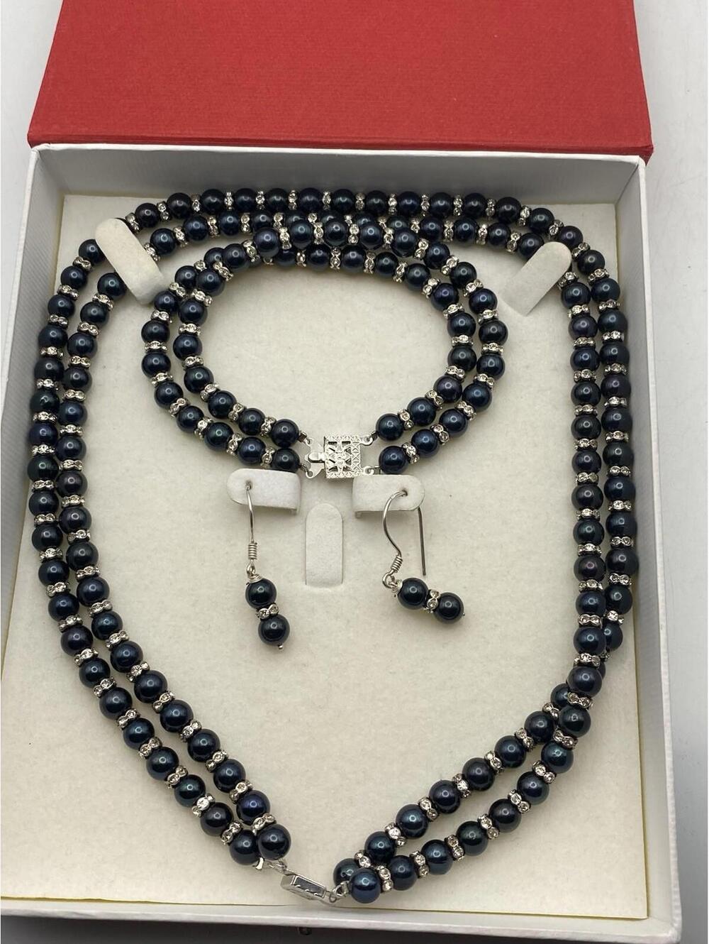 Vintage Set Steel Blue Faux Pearl Silver Rhinestone Róndeles Necklace Bracelet